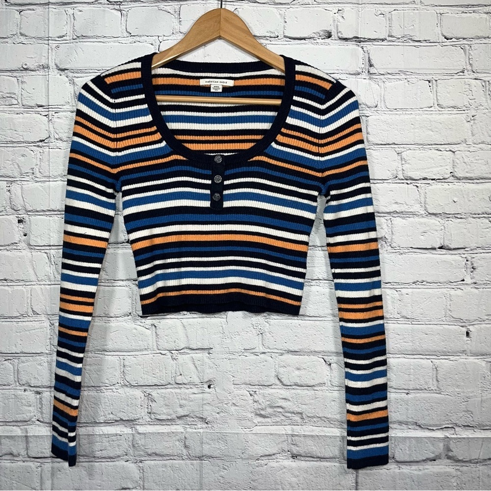 American Eagle Crop Button Shirt Womans Size Medium Striped Top Ribbed